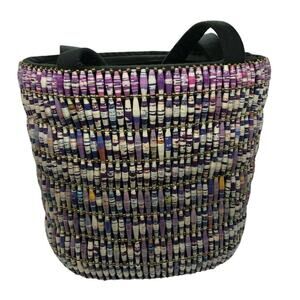 Unique Bucket Purple Multi Color Beaded Shoulder Bag Tote Purse 10"H & 11" W